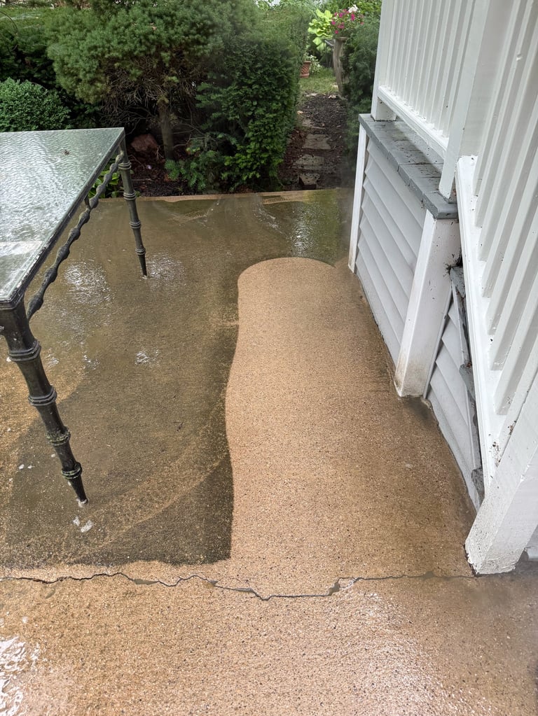 Narrow patio area with standing water and mold or algae growth on concrete surface near white house siding