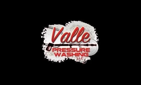 Valle Pressure Washing logo with red script text and a pressure washer graphic on black background