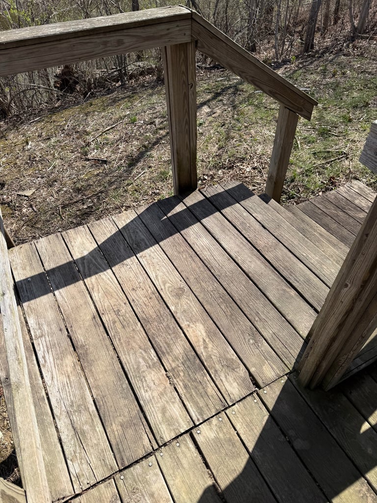 Wooden deck with railings overlooking a forest floor with fallen leaves and bare trees